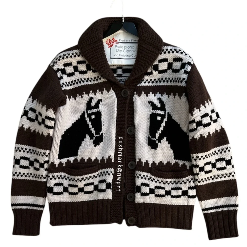 Naked Cashmere ๐ด Ryder Cardigan Intarsia Knit Sweater Horse Pony Brown Black XS - Picture 12 of 13